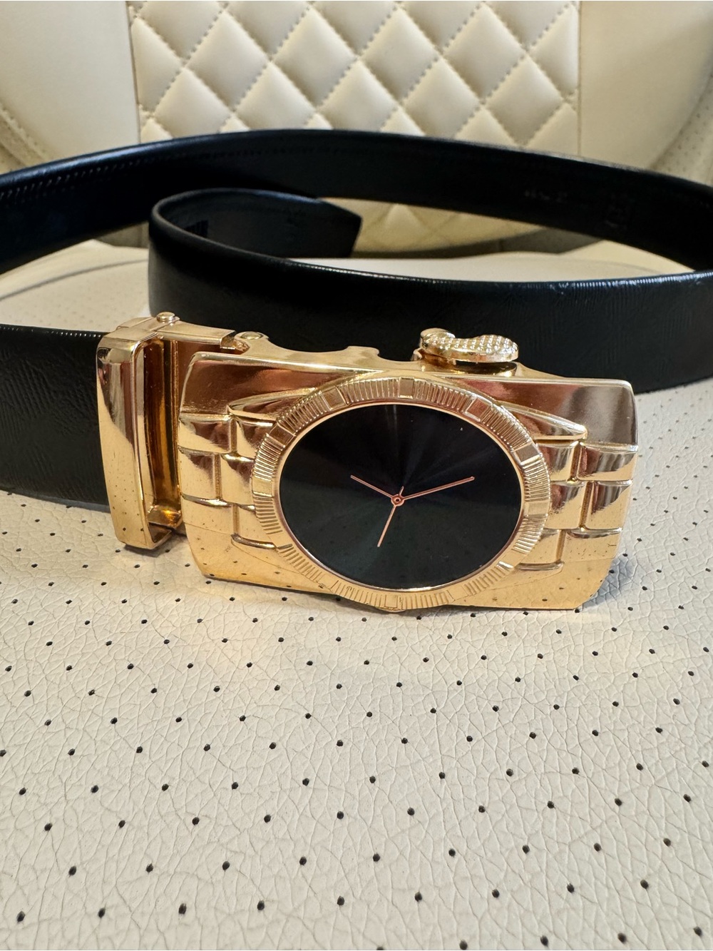 Black Belt with Gold Camera Watch Buckle Statement Accessory 44 / 110 cm
